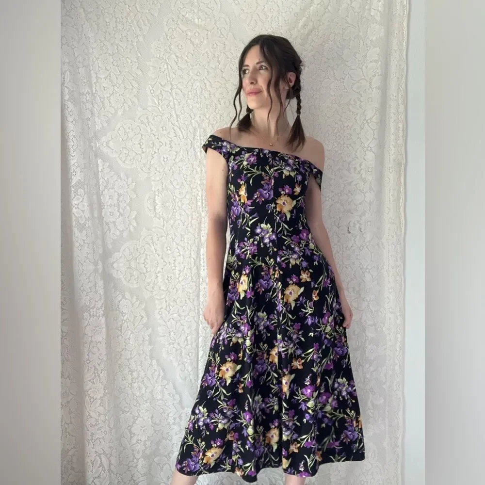 Vintage 80s All That Jazz Black Floral Midi Dress Crisscross Back Size 7/8 - Picture 14 of 16